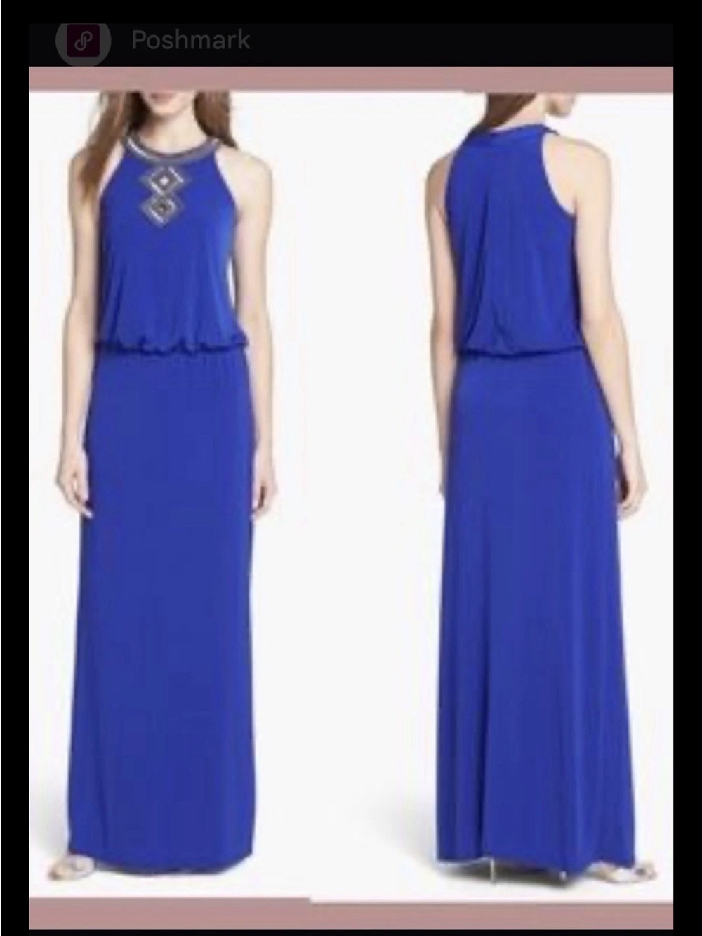 Laundry By Shelli Segal Royal Blue Beaded Neck Blouson Waist Halter Dress Sz 12